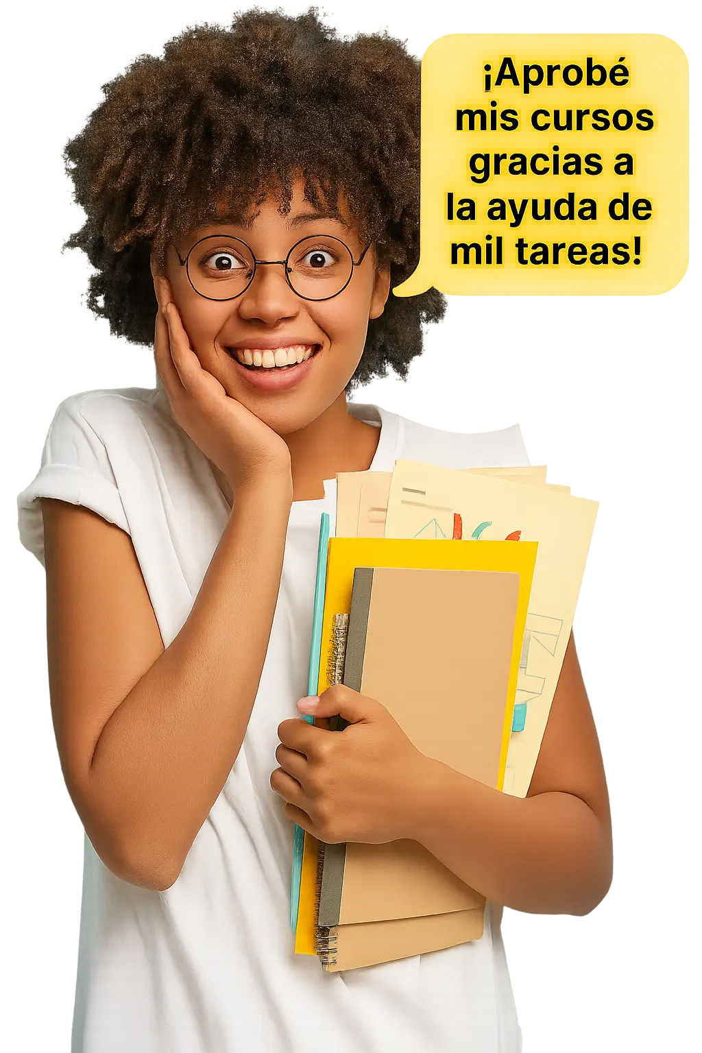 estudiante-aprobando-trabajos-universitarios-mil-tareas Estudiante universitaria feliz con trabajos aprobados en carpeta